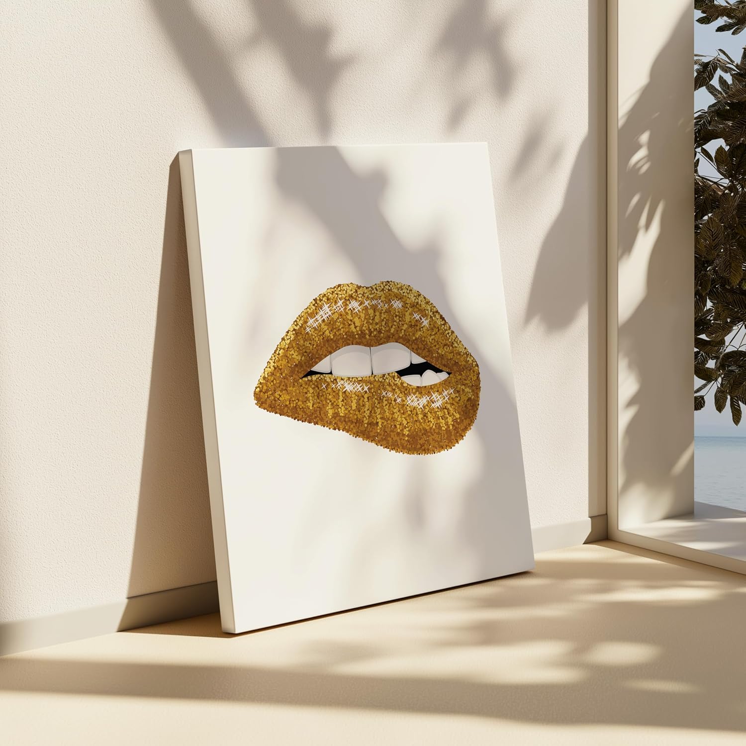 Poster Master Gold Lips Canvas - Lip Bite Print - Modern & Minimal Art - Boho Gift for Men & Women - Aesthetic Wall Design - Chic Decor for Bedroom or Living Room - 8x10 STRETCHED Canvas