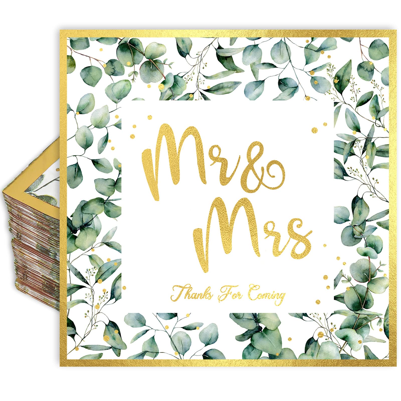 AnyDesign 100 Stück Hochzeit Servietten 16,5 cm grüne Folie Gold Mr & Mrs Luncheon Servietten Eukalyptus Blätter Einweg Dekorative Abendessen Papierservietten für Brautdusche Verlobung Hochzeit Party