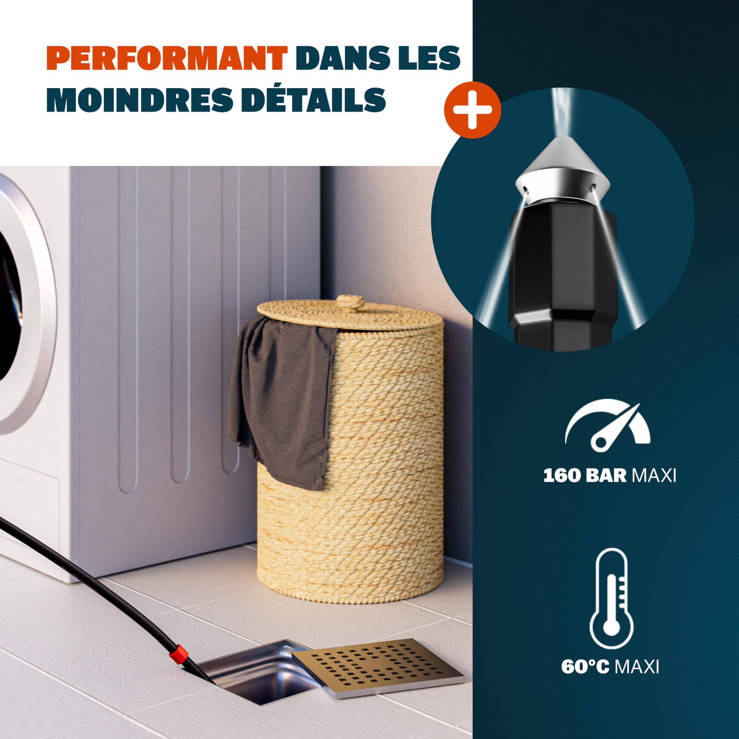 DEUBA Tuyau Déboucheur Canalisation 15m - Nettoyeur Haute Pression 160 Bar avec 4 Adaptateurs - Compatible Karcher K2 K3 K4 K5 K6 K7 - Furet Déboucheur Canalisation