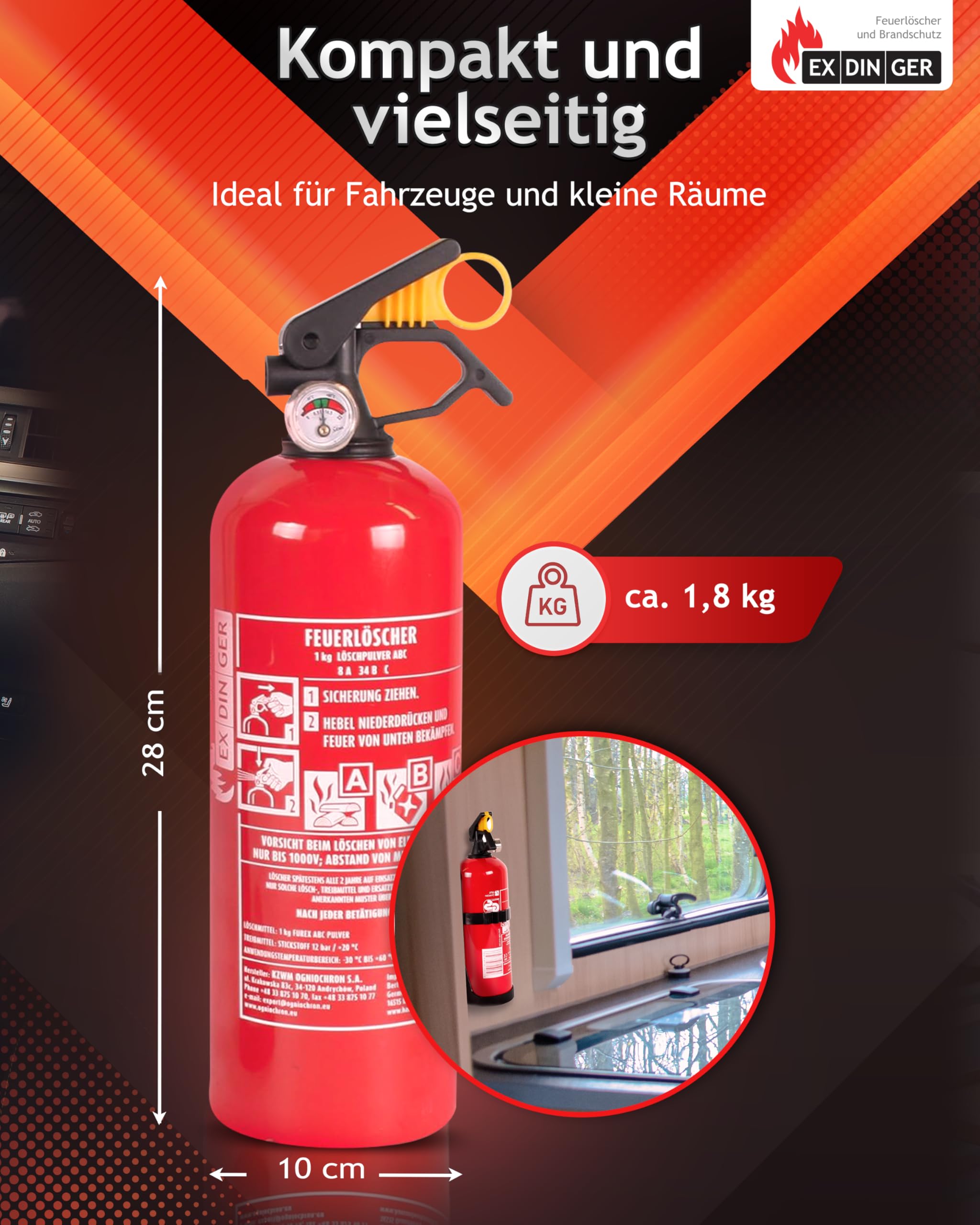 Doppelpack ABC-Pulverfeuerlöscher 1kg Halterung/Manometer (GP-1X Autofeuerlöscher fabrikfrisch)