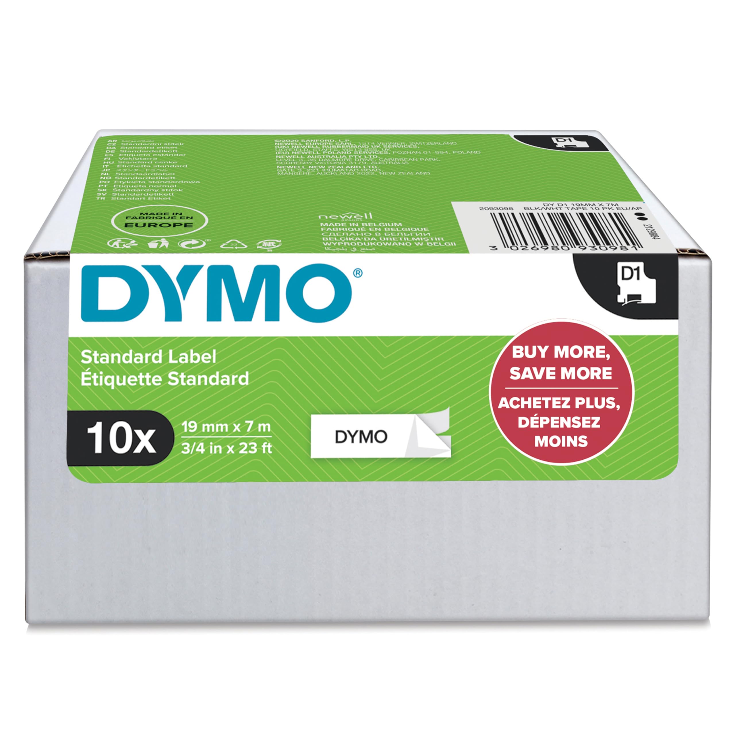 Dymo D1 Etichette Originali | Stampa Nera Su Bianco | 19 Mm X 7 Mm | Etichette Autoadesive Per Etichettatrice Labelmanager | 10 Pezzi-image
