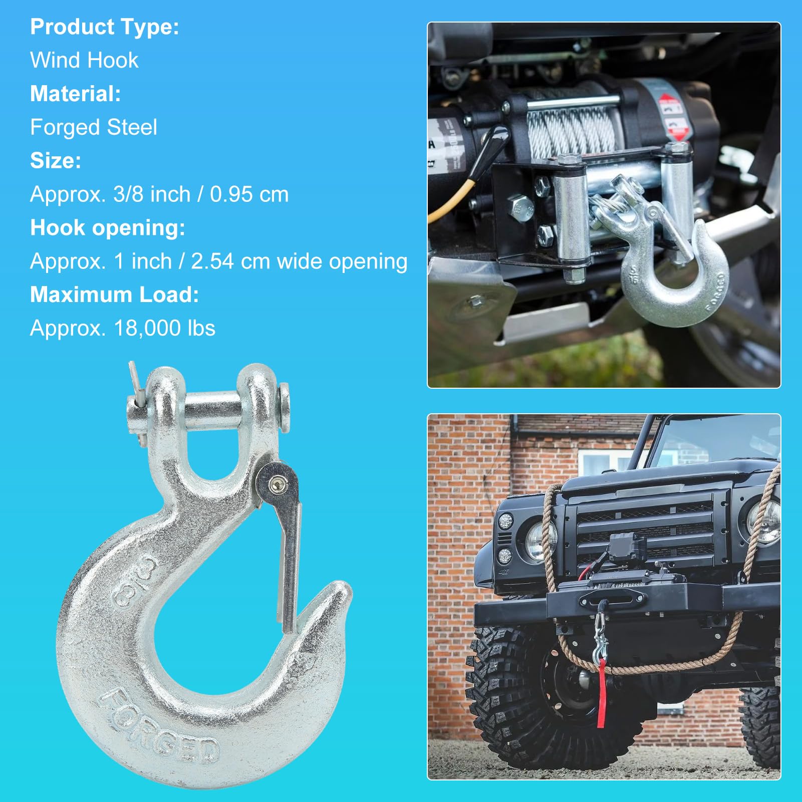 Crochet De Treuil 3/8" Ouverture 1" Charge 18000 LB Avec Loquet De Sécurité - Aqxreight