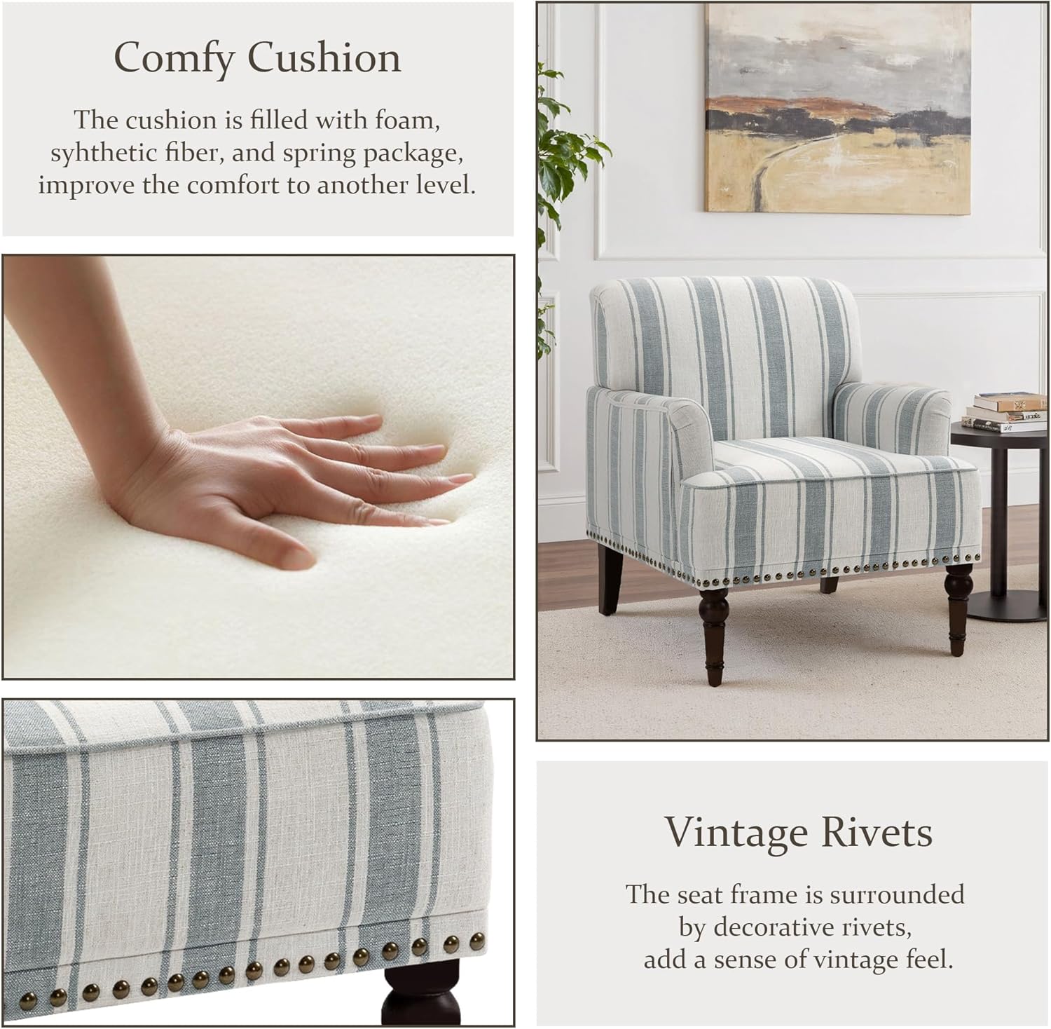 Pia Ricco Stripe Accent Chair-Modern Nailhead Trim & Wood Legs Armchair - Comfy Living Room, Bedroom, or Home Office Seating-Light Blue