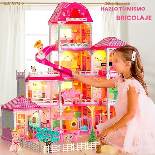 Miniatura 8 de Casas de muñecas, Housetoys Muebles Rosa Chica Juguetes, 4 Historias 10 Habitaciones Dreamhome con 2 Princesas Accesorios de Diapositivas, Niño Casa
