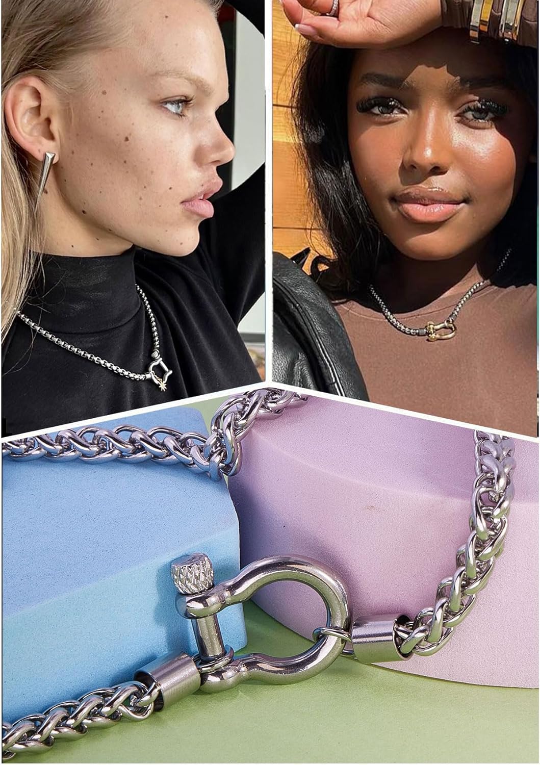 Wolentty Heavy Screw Anchor Shackle Wheat Necklace 18.5" Foxtail Chain Gift for Women - Image 2