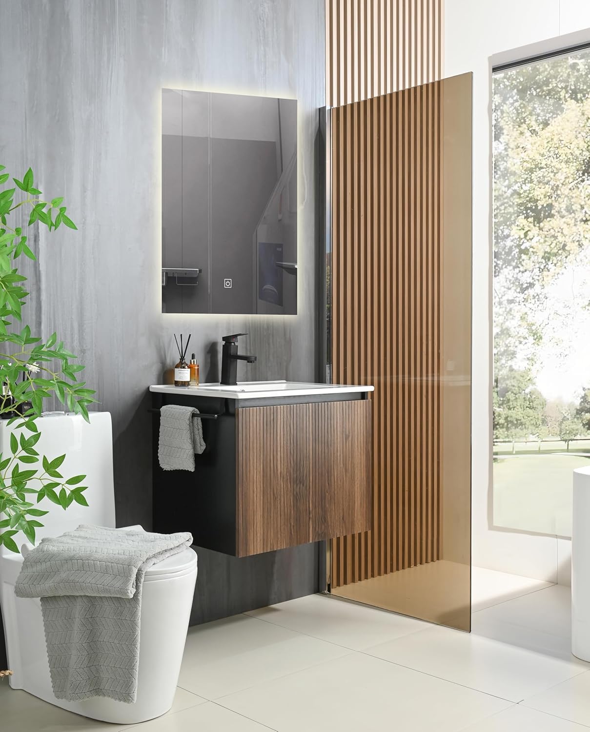 24 Inch Bathroom Vanity with Ceramic Sink Wall Mount, Floating Cabinet with 2 Doors, Walnut