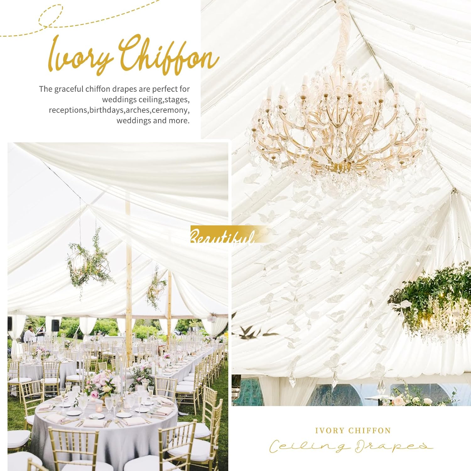 10 Panels Ivory Ceiling Drapes for Wedding Ceiling Drapes 5ftx40ft Wedding Arch Draping Fabric Sheer Curtains Chiffon Drapery Draping Wedding Ceiling Decorations for Party Ceremony Stage Swag