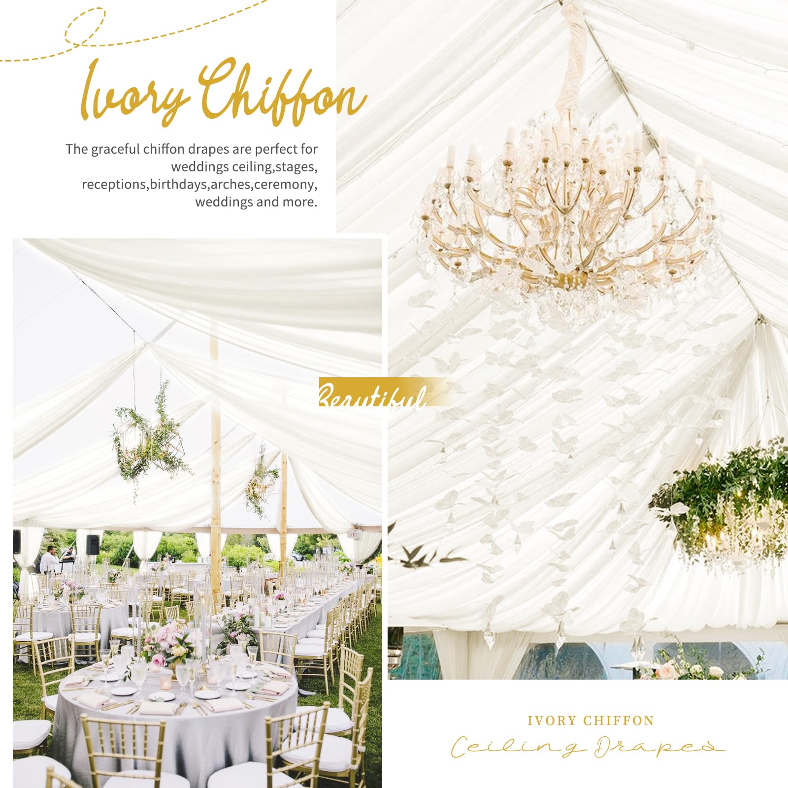 Lot de 4 rideaux de plafond en mousseline de soie transparente pour mariage, plafond, fête, cérémonie, scène, 1,5 x 3 m, ivoire