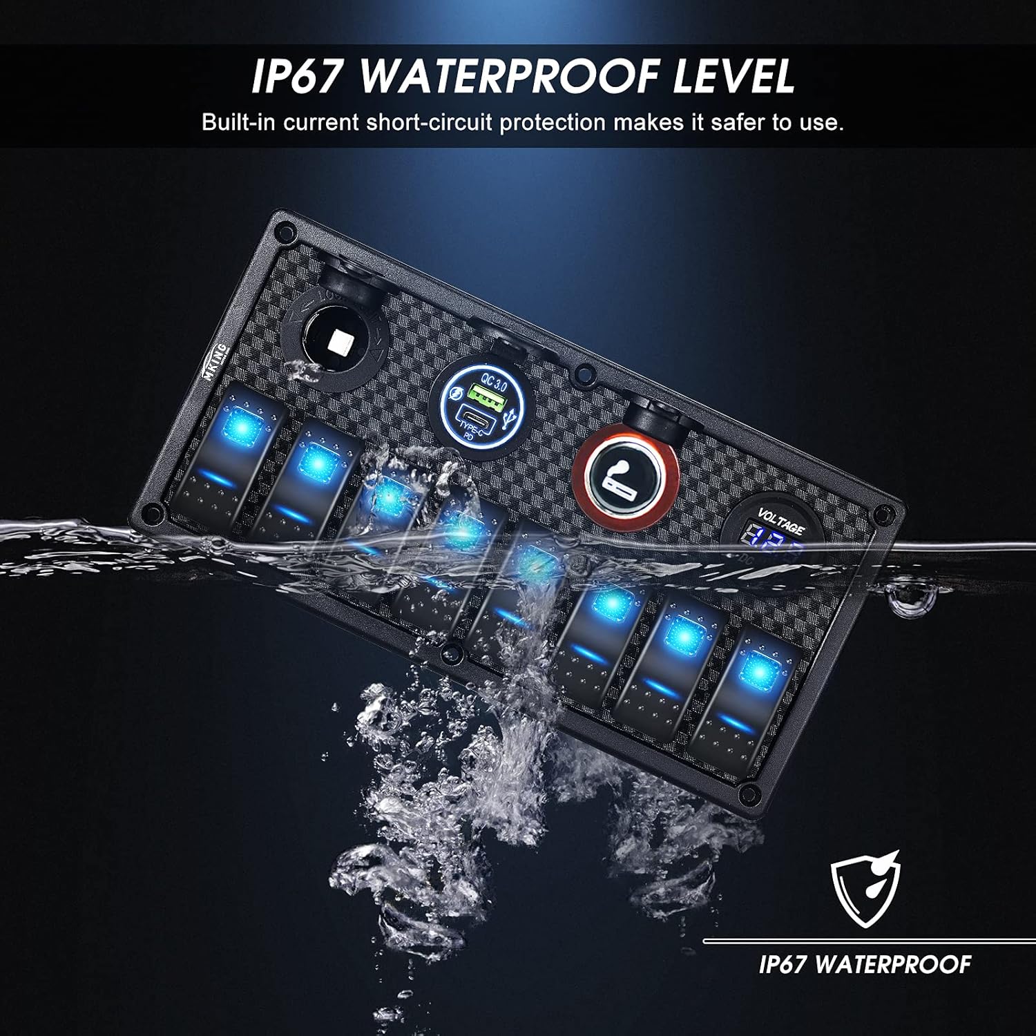 MKING Marine Switch Panel, 8 Gang Waterproof Rocker Switch Panel,Boat Rocker Switches Waterproof with Circuit Breaker USB&Typ-c Charger Digital Voltmeter Cigarette Socket 12V Blue LED Switch Panel : Sports & Outdoors