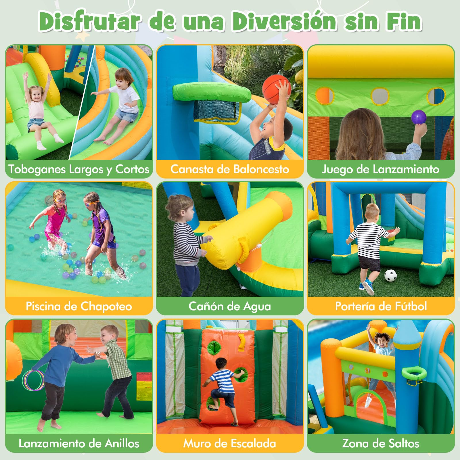 GOPLUS Castillo Hinchable Acuatico para Niños de 3-12 Años, Castillo Inflable 2 en 1 con Pared de Escalada, Cañón de Agua, Piscina, Baloncesto y Tobogán, Casa Inflables Infantil (A Sin Soplador)