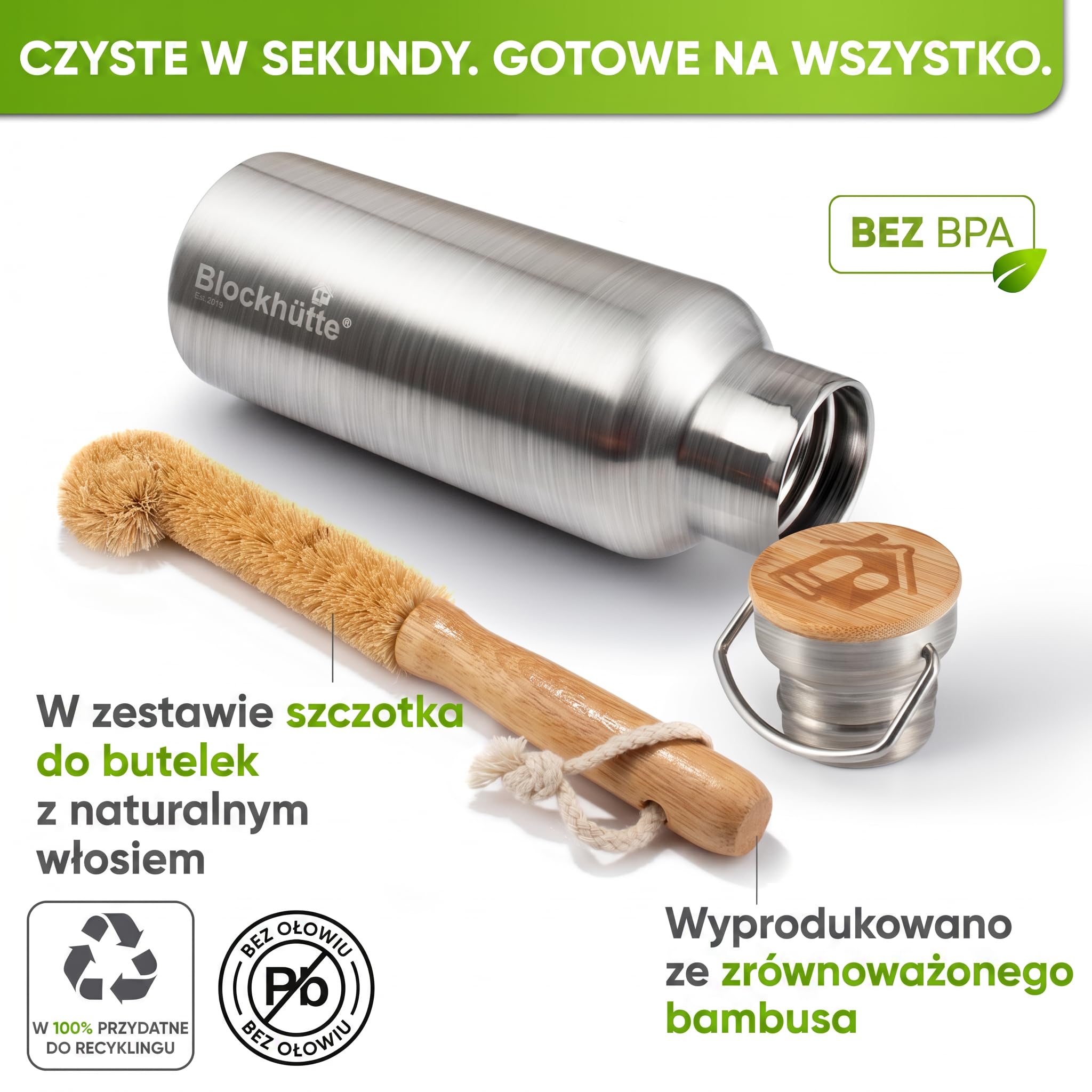 Blockhütte. Butelka na napoje, ze stali nierdzewnej, premium, izolowana, 750 ml, z ekologiczną szczotką do czyszczenia butelki, zabezpieczona przed wyciekiem, nadaje się do zmywarki, do sportu, bez bisfenolu A