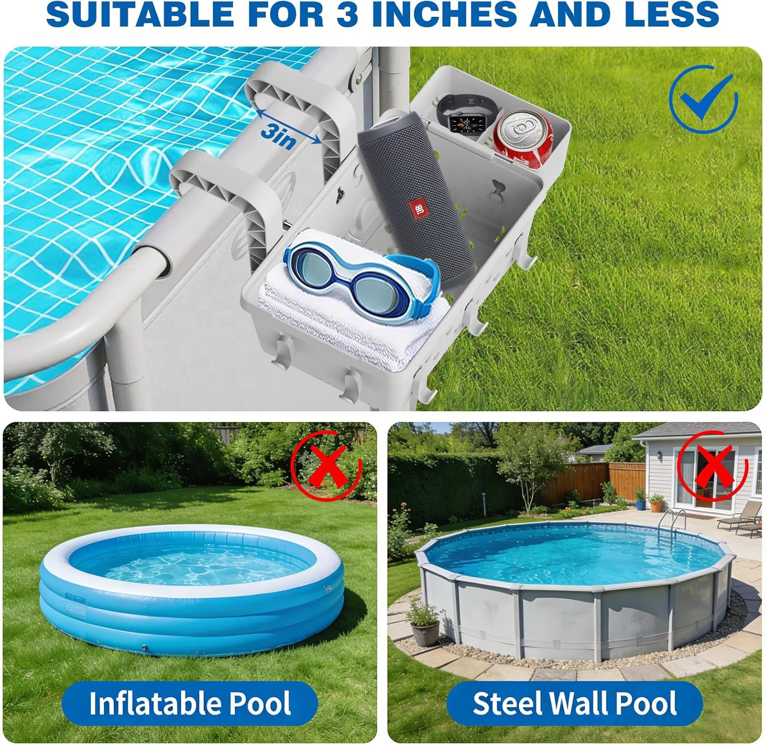 2 Pack Poolside Storage Basket for Above Ground Pool, Hanging Pool Storage Organizer with Cup Holder & Hooks, Pool Accessories Organizer for Towels, Goggles, Toys (Grey)