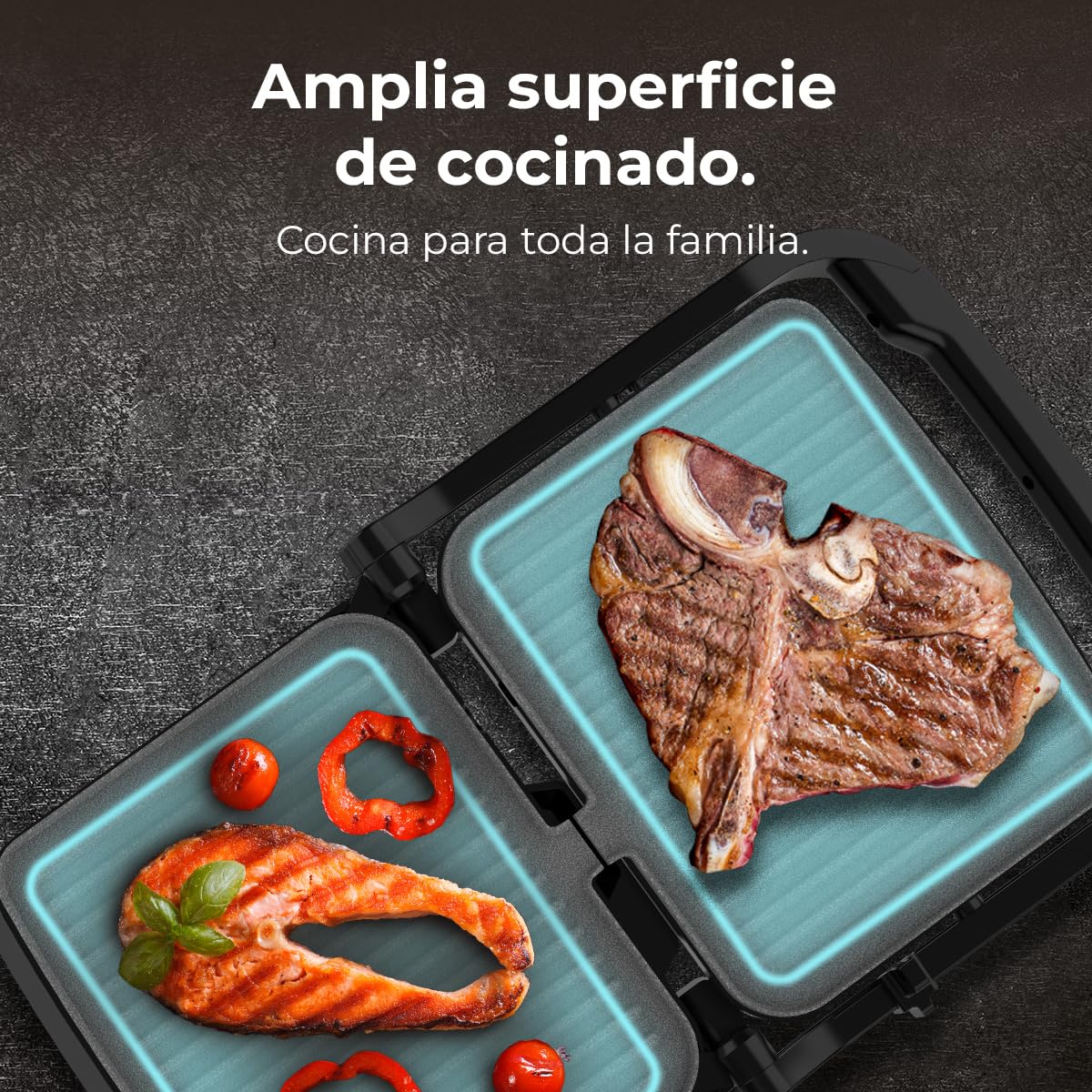 Cecotec Parrilla Eléctrica con Grill Rock'nGrill 2000 Full Open. 2000W, Apertura 180º, RockStone Antiadherente, Placa Flotante, Recogegrasas, Almacenamiento Vertical, Temperatura Regulable, 279x229mm