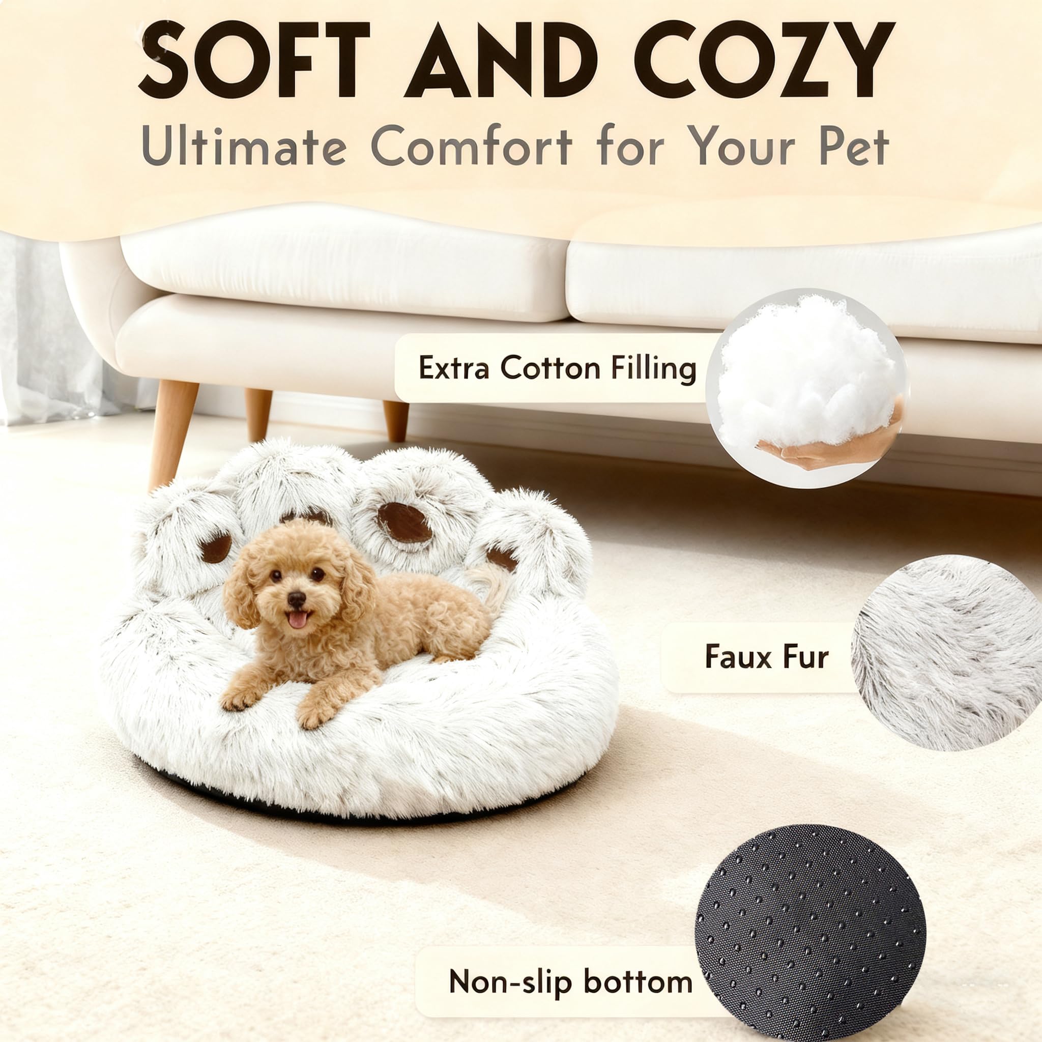 50cm Ø Flauschig Hundebett Katzenbett Bärentatzen-Design Hundekissen Katzenkissen Waschbar Hundekorb Katzenkorb Plüsch rutschfest Haustierbett Warm Schlafplatz für kleine mittelgroße Hunde/Katze/Hasen