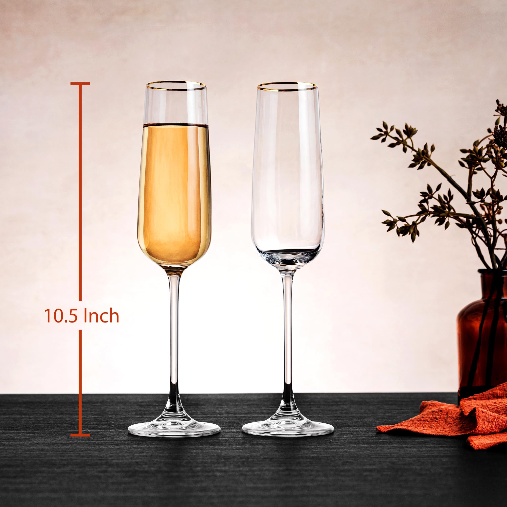 CRYSTAL LUXE Juego de 4 copas de champán doradas, copas de champán sopladas a mano, copas de champán de cristal, regalos para bodas, aniversarios, mujeres, hombres, cumpleaños