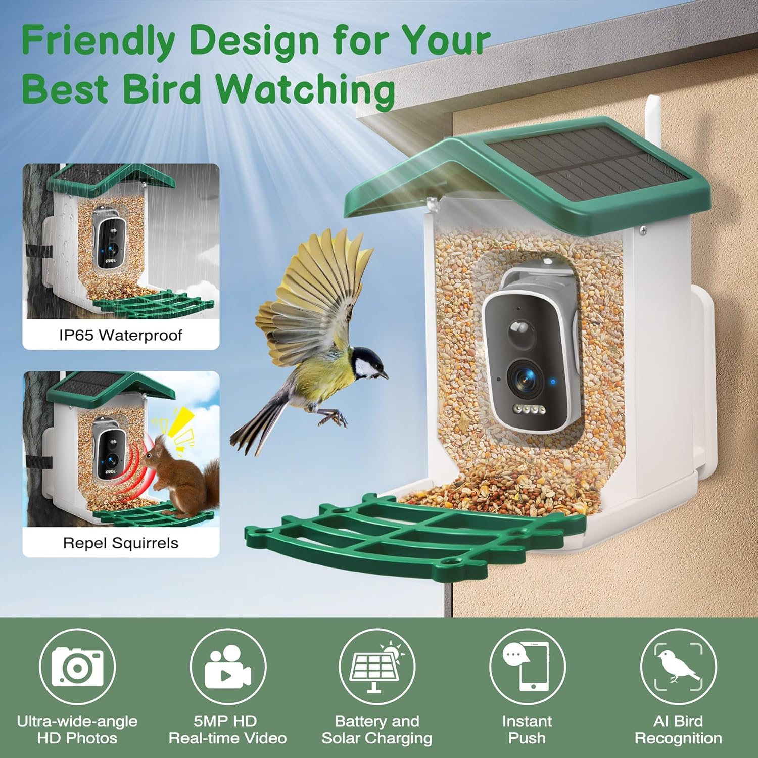 Smart Bird Feeder with Camera, Birds Feeders for Outdoors with AI Identify Species Solar Panel, Smart Bird House with Live View, Ideal Gift for Family and Birds Lovers, Green