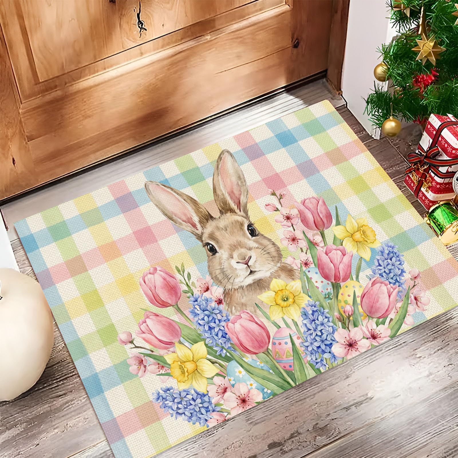 Felpudo Entrada Casa 90x150cm Alfombra Atrapapolvo Conejo De Flores, Alfombrilla Pasillo Antideslizante País A Cuadros Tapete Absorbentes Lavable para una Entrada Limpia, Rosa Claro