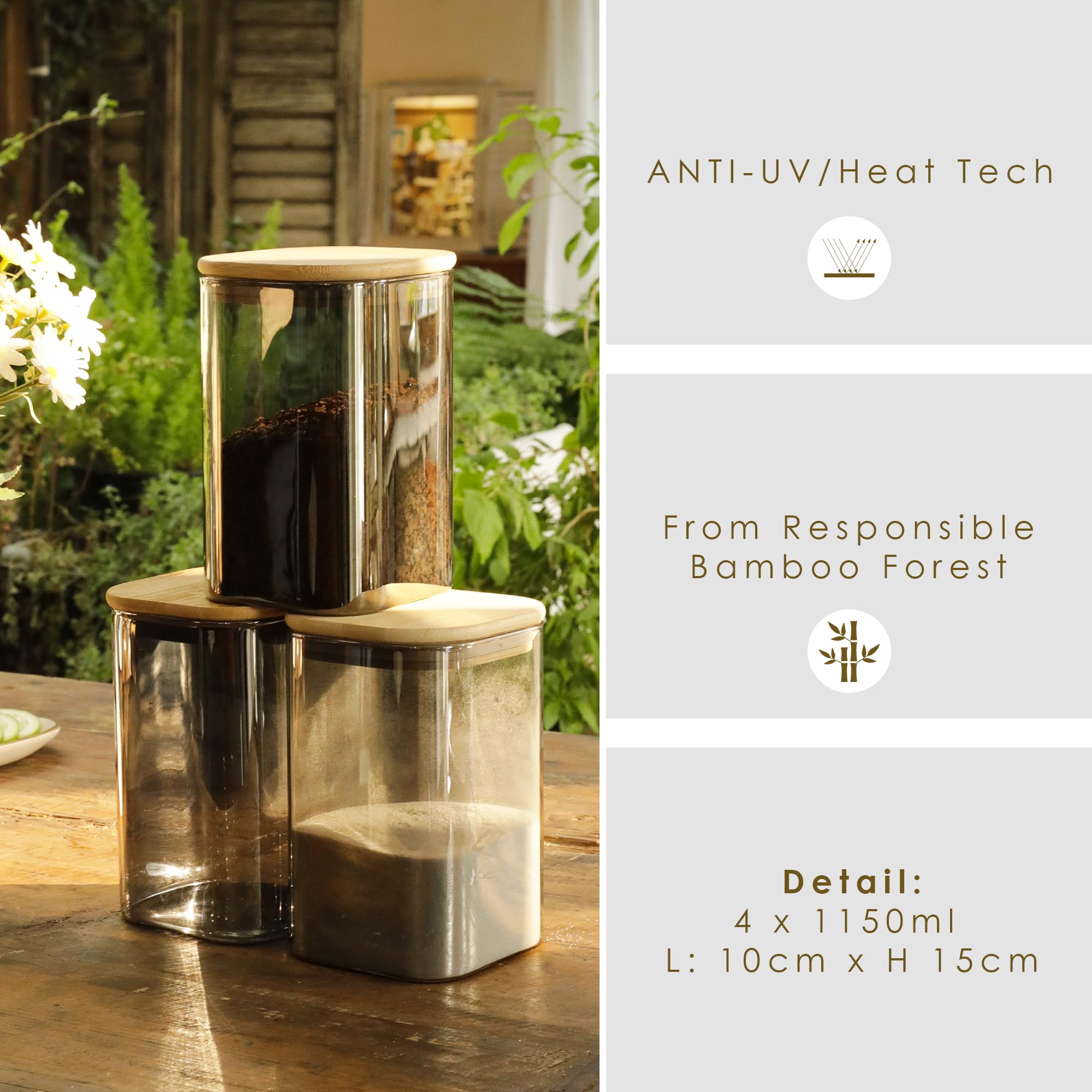 LIBWYS 4er Set UV Schutz Vorratsgläser Kaffeebohnen behälter mit Bamboos Deckel Eckig Vorratsdose Glas - 1150 ml * 4 Glasbehälter ( 4pcs - UV Schutz)