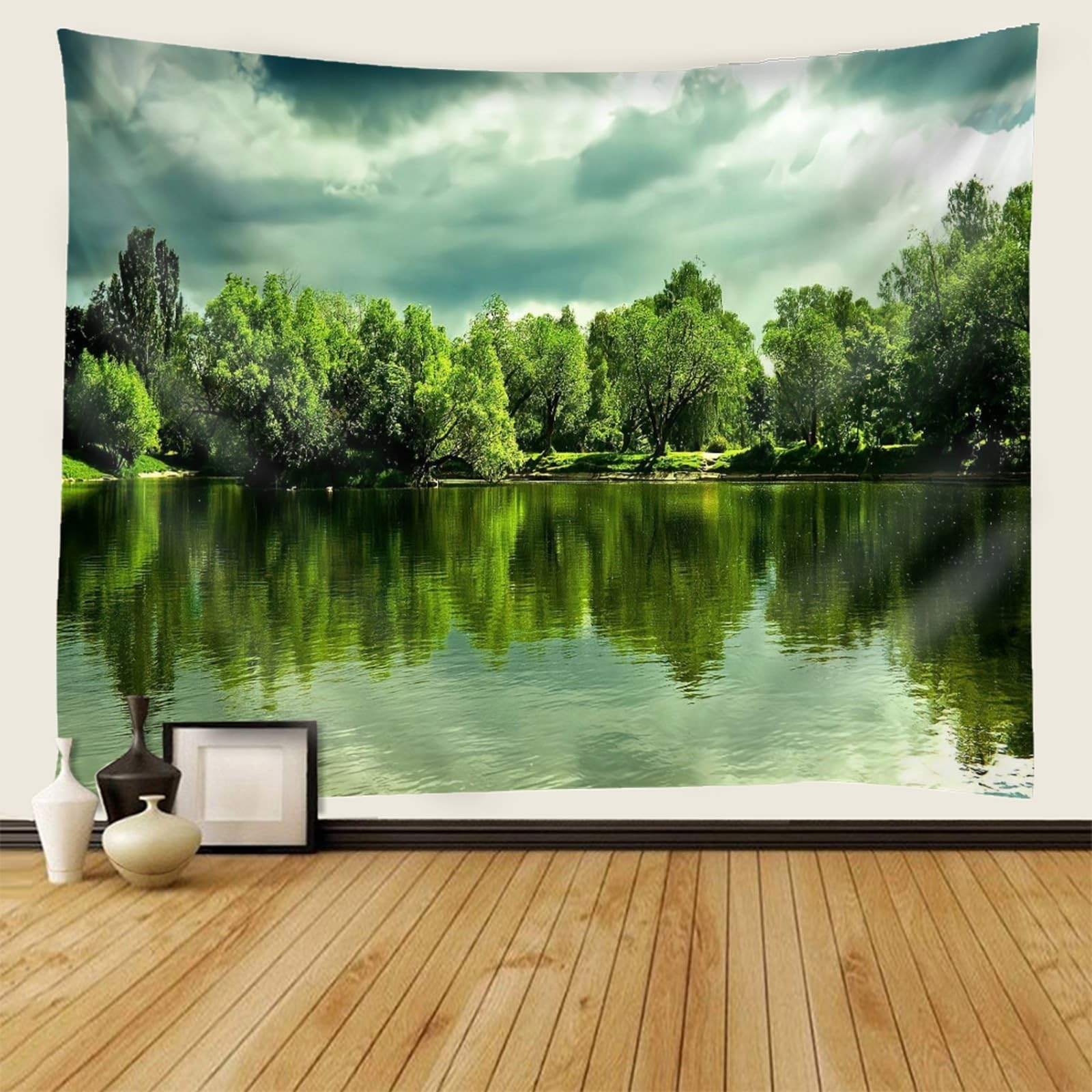 Skcess Wandbehang Grün, Polyester Wandbehang See, Bäume, Naturlandschaft Wandteppich 240x220cm
