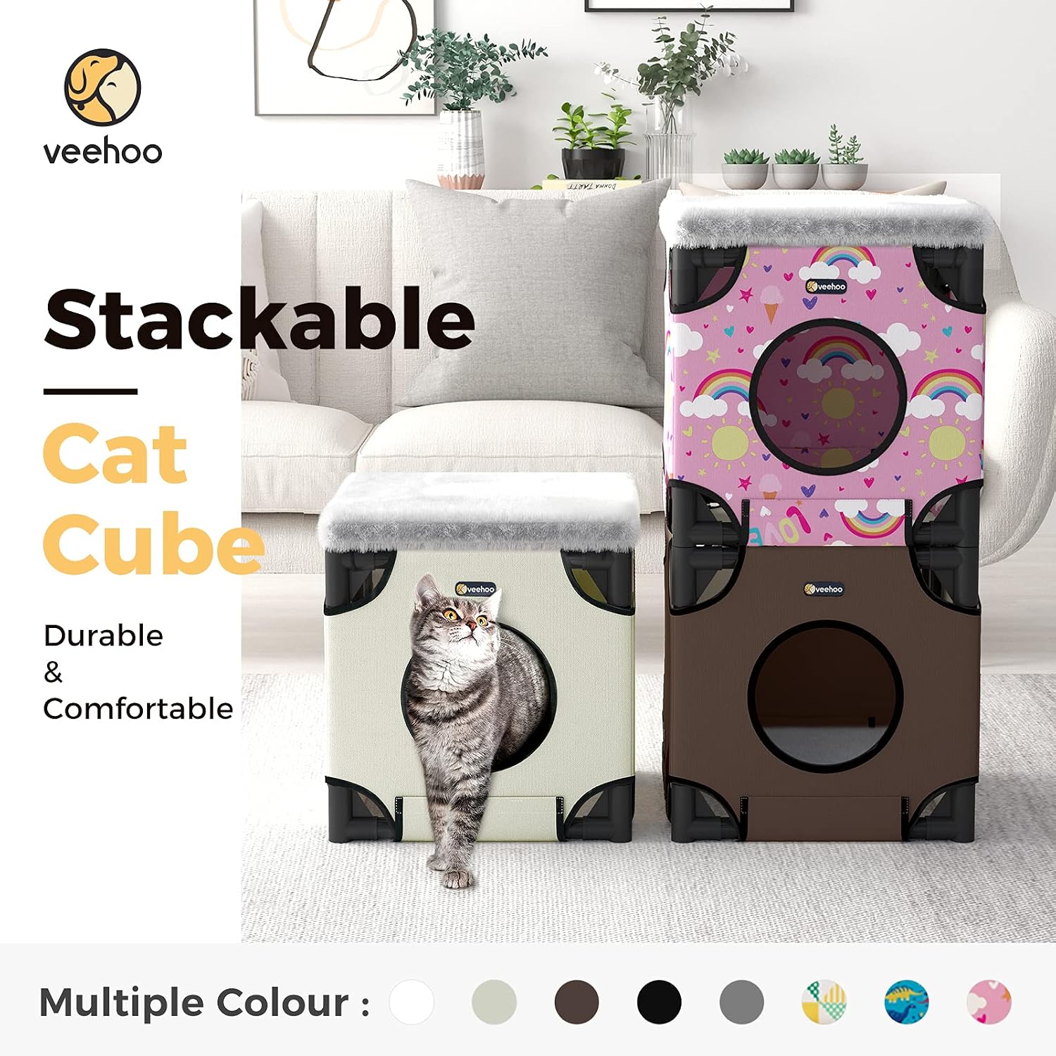 Veehoo Cat Cube Bed House - Stackable Cat Condo with Removable Sleeping Pad, Kitty House for Indoor Cats, Cat Cave with Waterproof Oxford Fabric & Stainless Steel