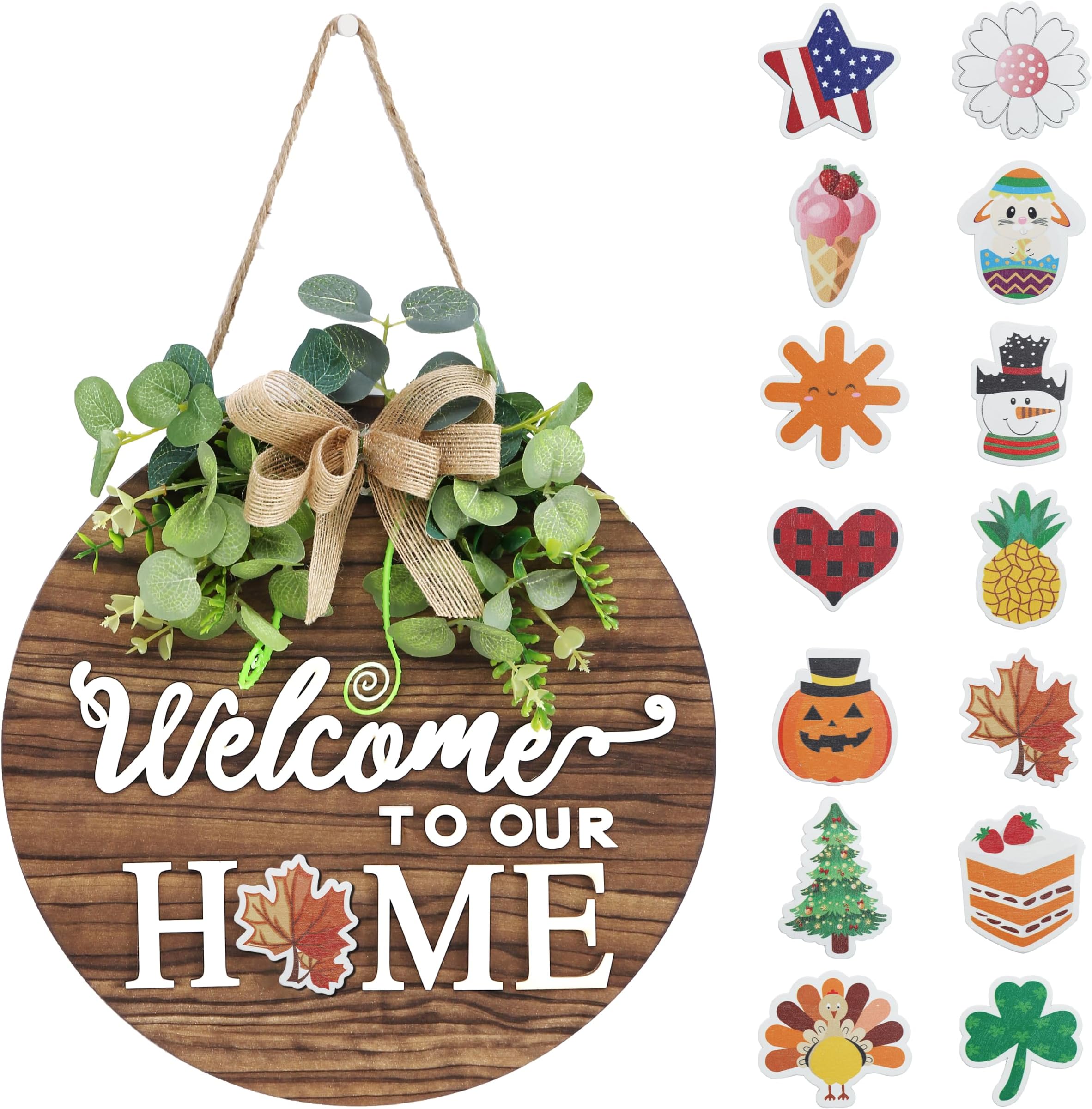 RoseCraft Interchangeable Seasonal Welcome Sign Front Door Decoration, Rustic Round Wood Wreaths Wall Hanging Outdoor, Farmhouse, Porch, for Spring Summer Fall All Seasons Holiday Halloween Christmas.