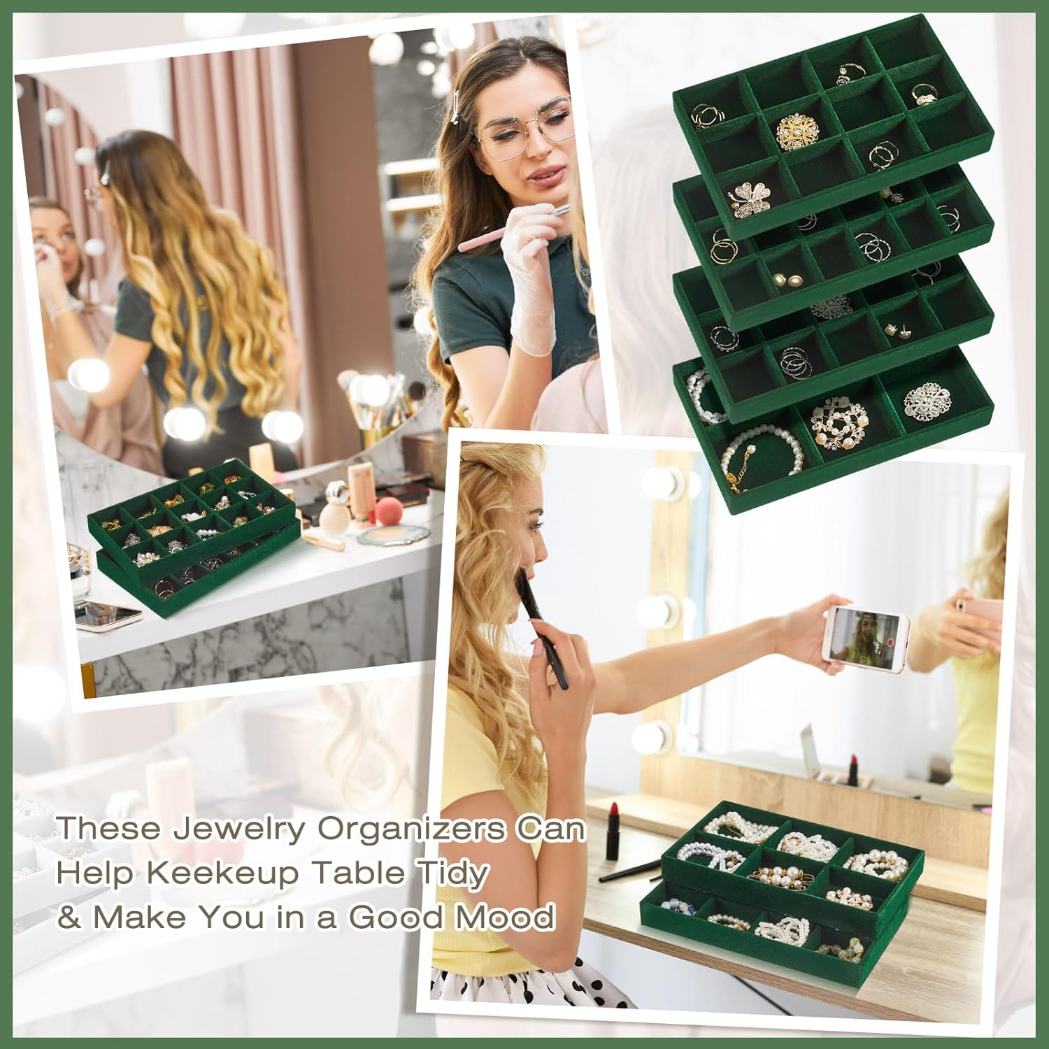 Junkin 12 Pcs Jewelry Tray Velvet Stackable Jewelry Organizer Trays Divided Earring Accessories Storage Containers Box (Rose Red) - Image 6