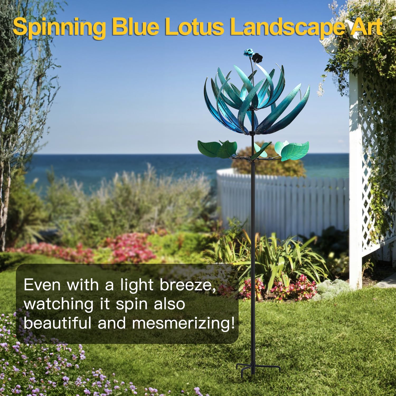 LimeHill Molinillo de viento para patio y jardín, grandes molinillos de viento de metal para decoraciones al aire libre (loto azul (24 x 84 pulgadas)