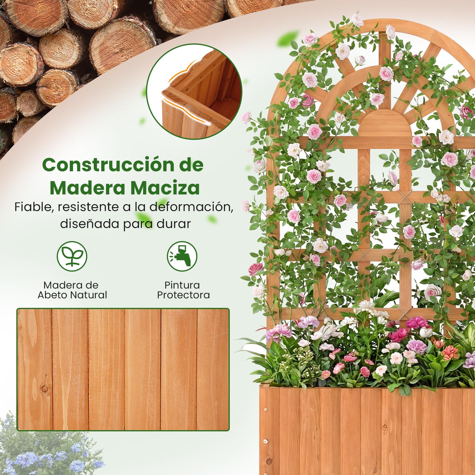 COSTWAY Jardinera con Enrejado de Madera, Jardinera con Celosía y Agujeros de Drenaje, Macetero Elevado para Plantas Trepadoras, Flores, Verduras, Patio, Jardín, Terreza (Marrón,61x30x121 cm)