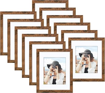 Picrit 8x10 Picture Frame Set of 12, Display 5x7 with Mat or 8x10 without Mat, Photo Frames for Wall Mounting or Table Top Display, Brown