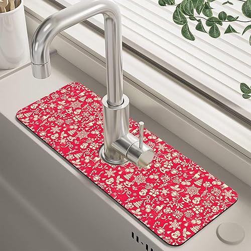 Miniatura 38 de Tapete protector contra salpicaduras para fregadero de cocina floral naranja retro de los años 70, tapete absorbente de secado rápido, tapete de