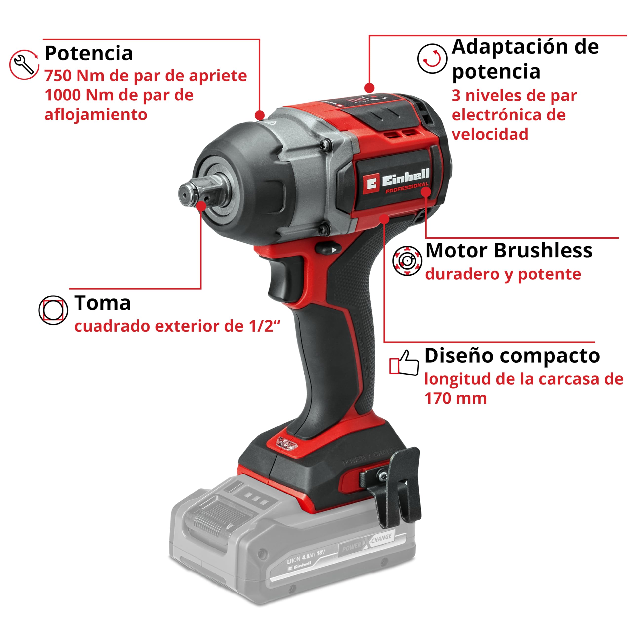 Einhell Atornillador impacto con batería TP-CW 18/750-C Li BL-Solo PXC (18V, par 750Nm, modo de parada automática, brushless, recepción cuadrada exterior, sin batería)