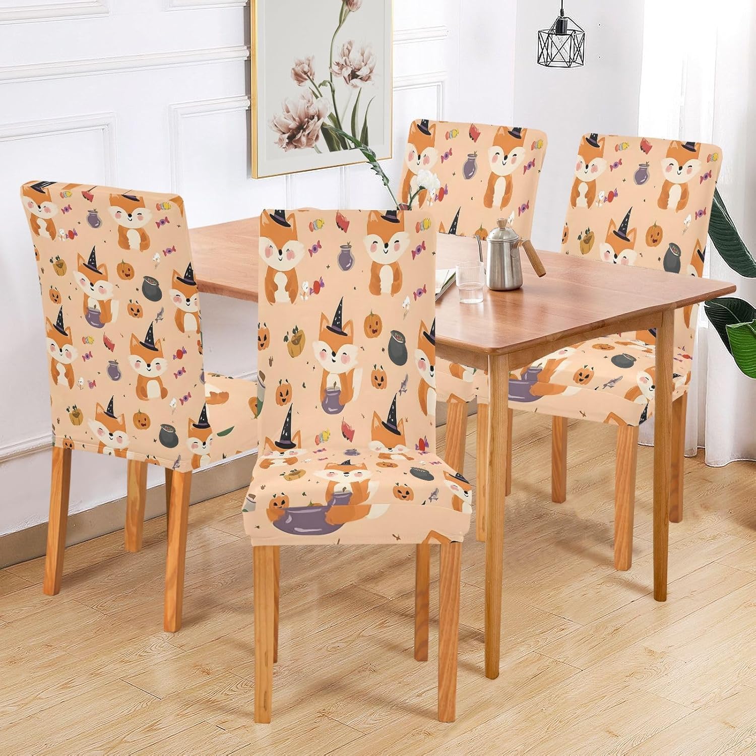 ALAZA Chair Covers for Dining Room, Pumpkin Fox Pattern Stretch Chair Cover Sets Chair Protector Removable Washable for Ktichen Restaurant Hotel