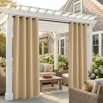 NICETOWN Outdoor Curtains for Patio Waterproof 84 inches Long 2 Panels Set, Weatherproof Thermal Insulated Privacy Protection Curtains for Porch/Gazebo/Hallway, Biscotti Beige, W52 x L84 Inch