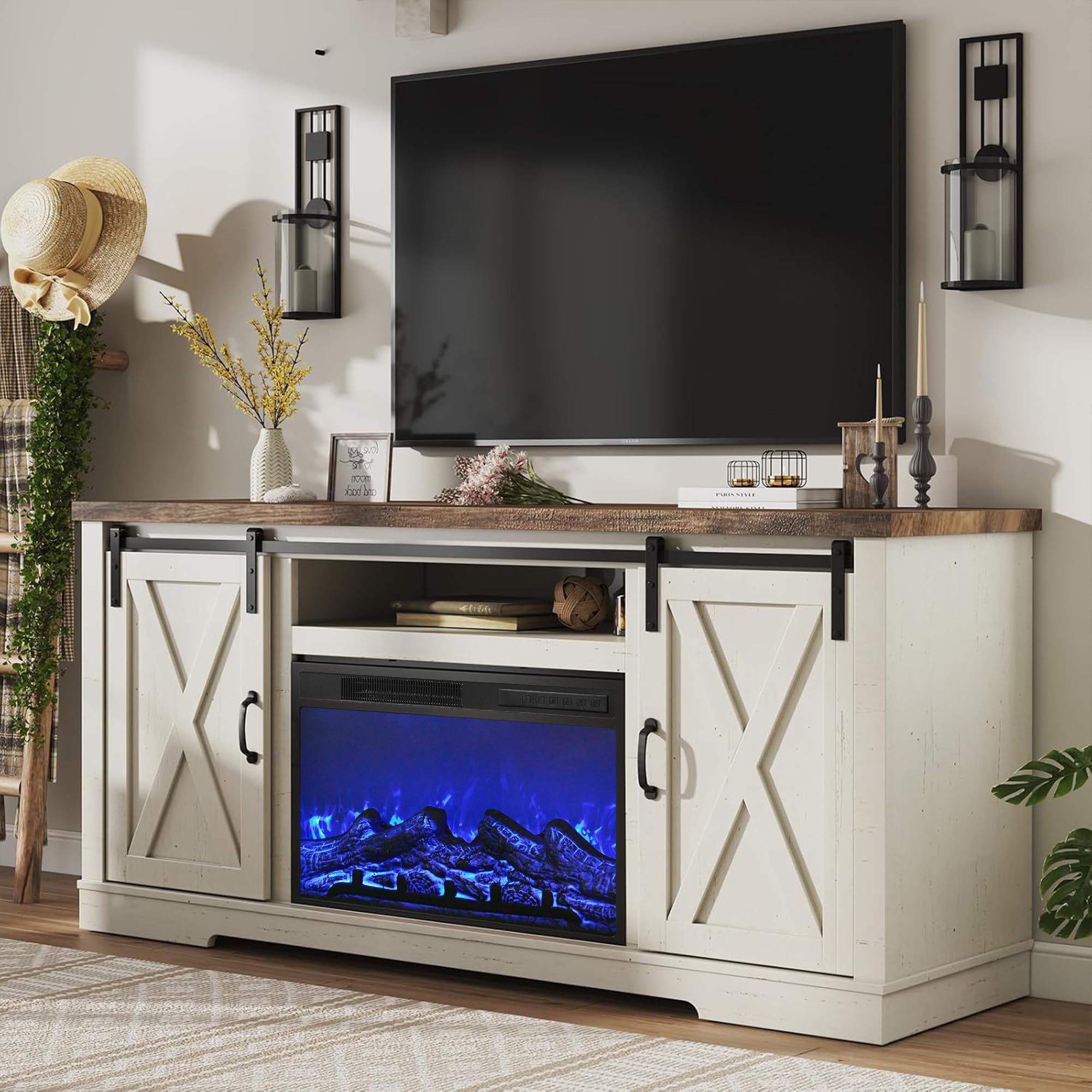AMERLIFE Fireplace TV Stand with Sliding Barn Door for TVs up to 73", Farmhouse 63" Fireplace Entertainment Center with Storage Cabinets/Adjustable Shelves, Distressed White & Barnwood