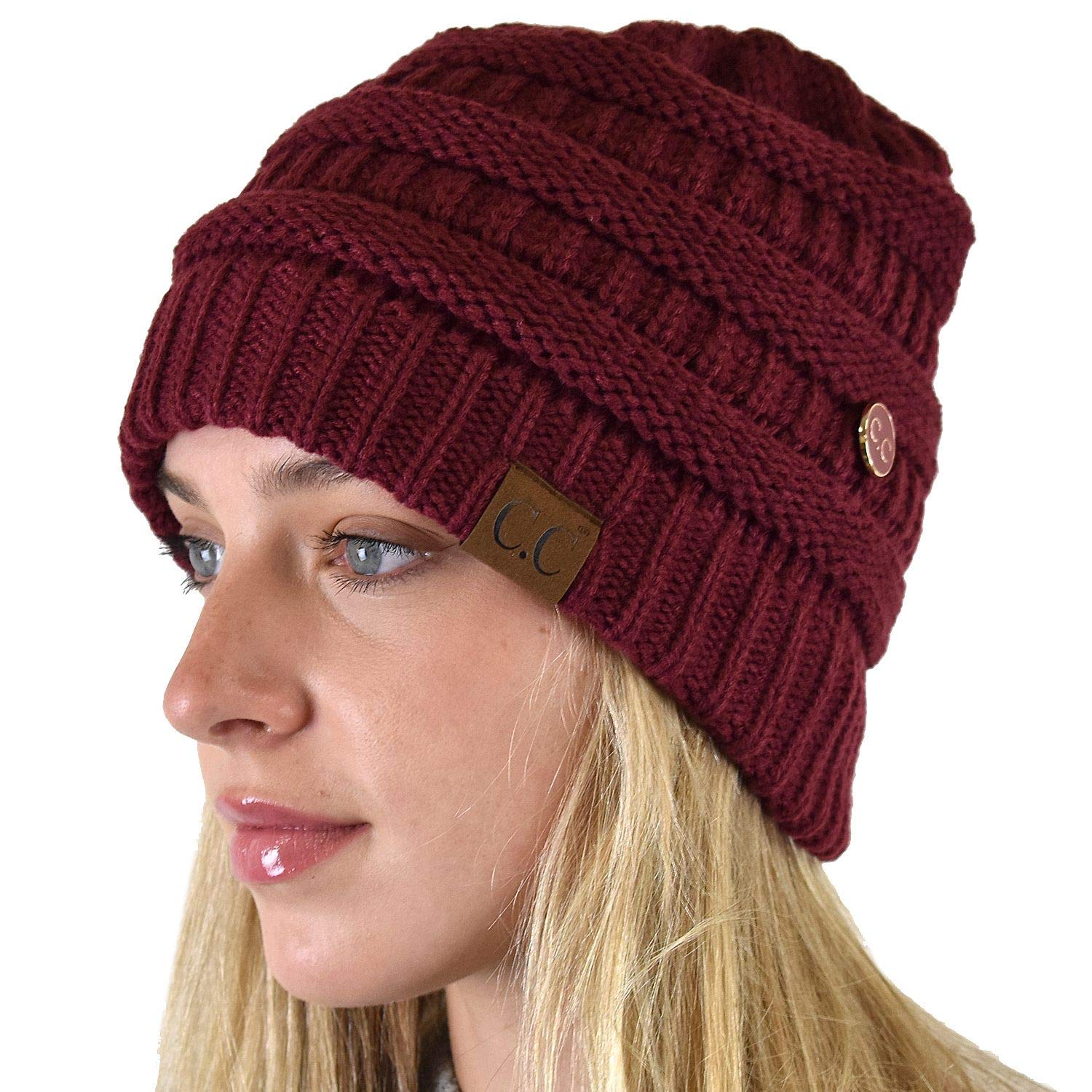 C.C Soft Stretch Cable Knit Side Epoxy Button for Mask Beanie Skully