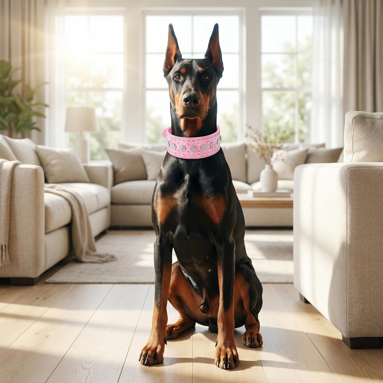 Rhinestones Dog Collars Flower Pattern Rhinestone Studded Leather Sparkly Crystal Diamonds Dazzling Sparkling Elegant Fancy PU Leather Dog Collar for Medium & Large Dogs (M, Pink)