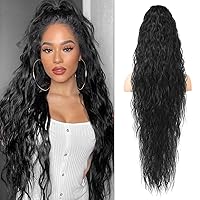 Vista 1 de LONAI Extensión de Cola de Caballo, 34" Negro Largo Ondulado con Cordón Extensiones de Cola de Caballo, DP001 Más Suave Más Ligero 80% Importación