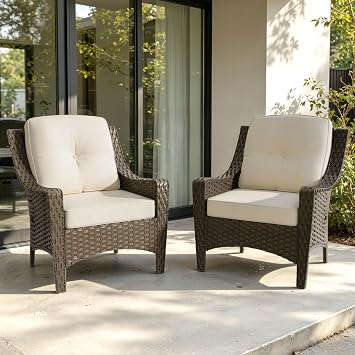 Patio Wicker Chair Furniture Set of 2 with High Back Chair | All Weather, PE Wicker Chair, Waterproof Cushion, for Porch, Backyard, Balcony, Deck