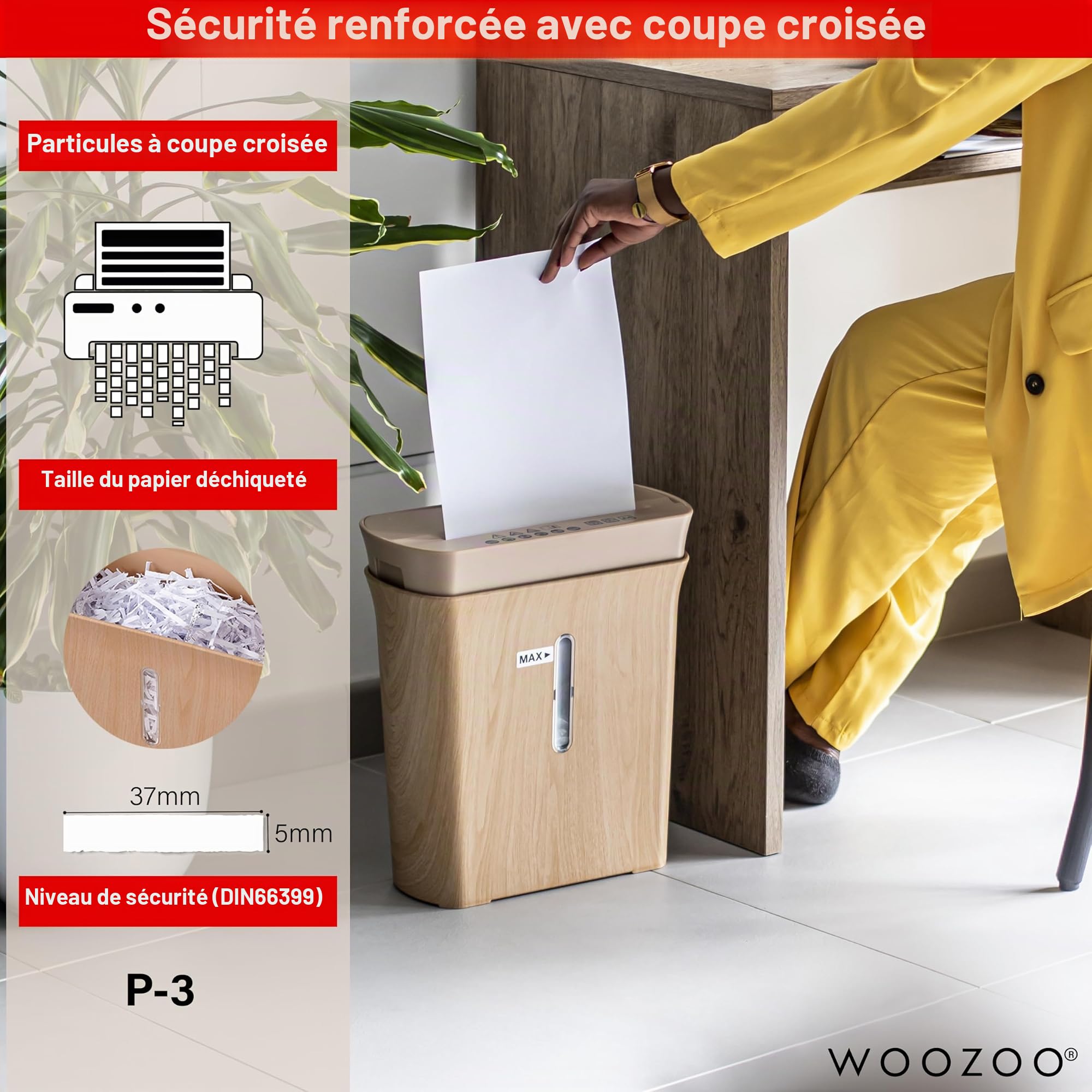 Iris Ohyama, Woozoo Destructeur de Documents/broyeur Papier, 8 Feuilles, Technologie de Coupe croisée, Corbeille 8.9L, Papier A4 - Personal Shredder Cross Cut P8GCD - Couleur Bois