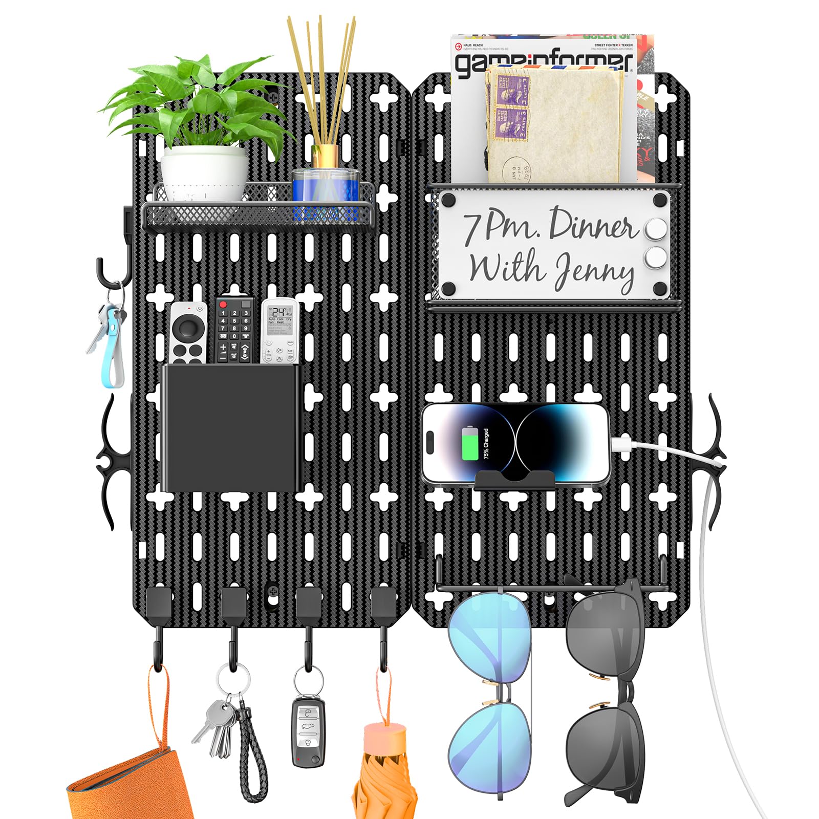 Key Holder Wall Mount 11-in-1 Mail Organizer 5 Key Hooks for Wall Metal Mail Holder Foldable Key Rack Entryway Decor Key Hanger Shelf for Bedroom Keyholder Letter Glasses Storage Dog Leash Coat Rack