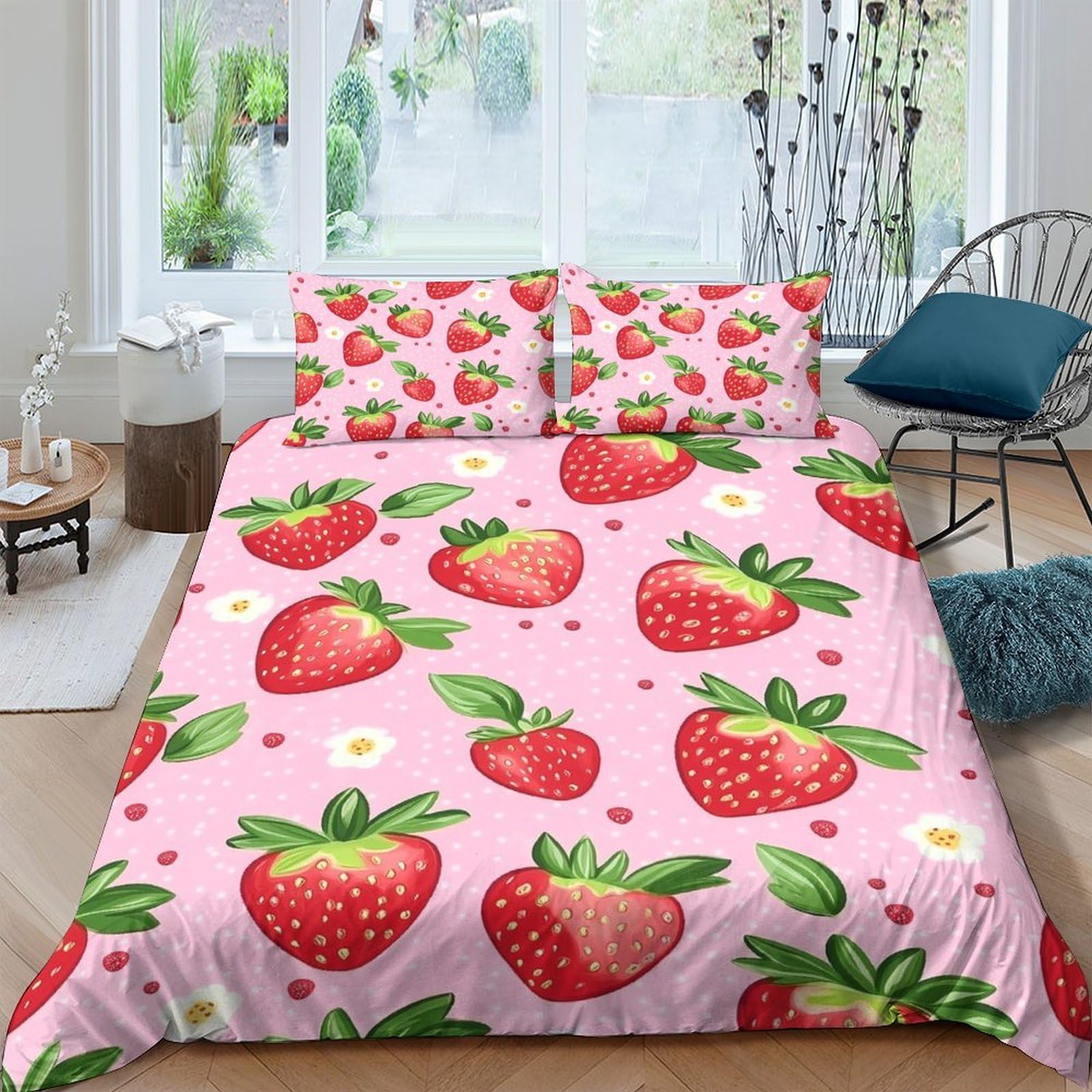 P5V6M1Q9 3D Printed Strawberry Pattern Duvet Cover Microfiber Soft Pink Fruit Bedding Set with 2 Pillowcases for Bedroom Decor Single（135x200cm）