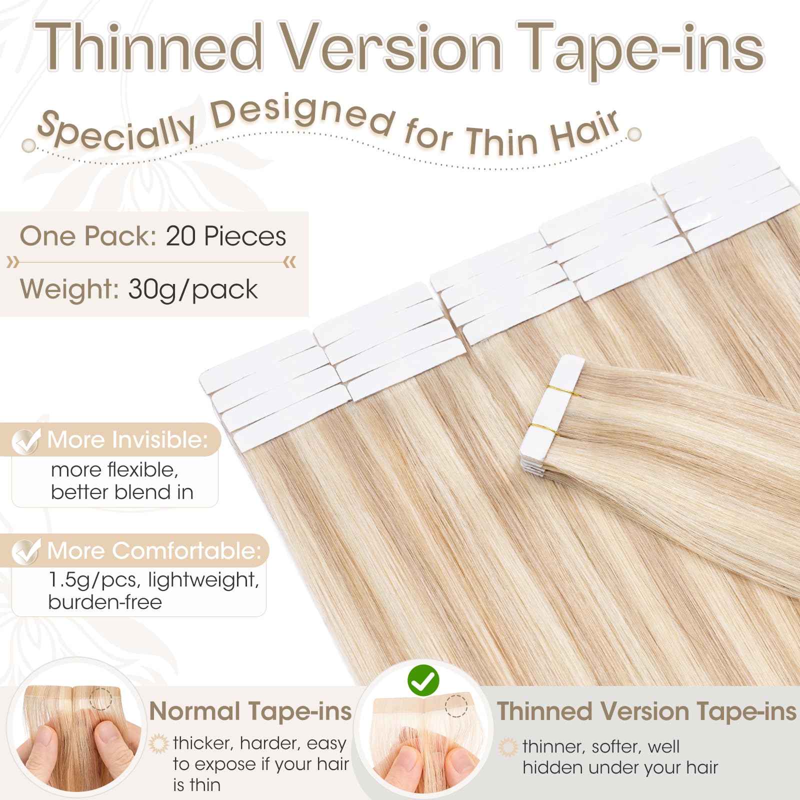 Elailite Tape in Hair Extensions Human Hair Thin Type 1.5g/pcs - Image 2