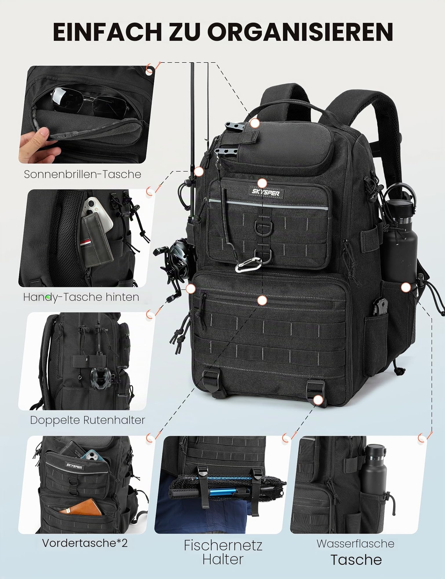 SKYSPER Angelrucksack mit Rutenhalter, 40-Liter Angeln Rucksack mit Verstellbarem Fach für Angeln