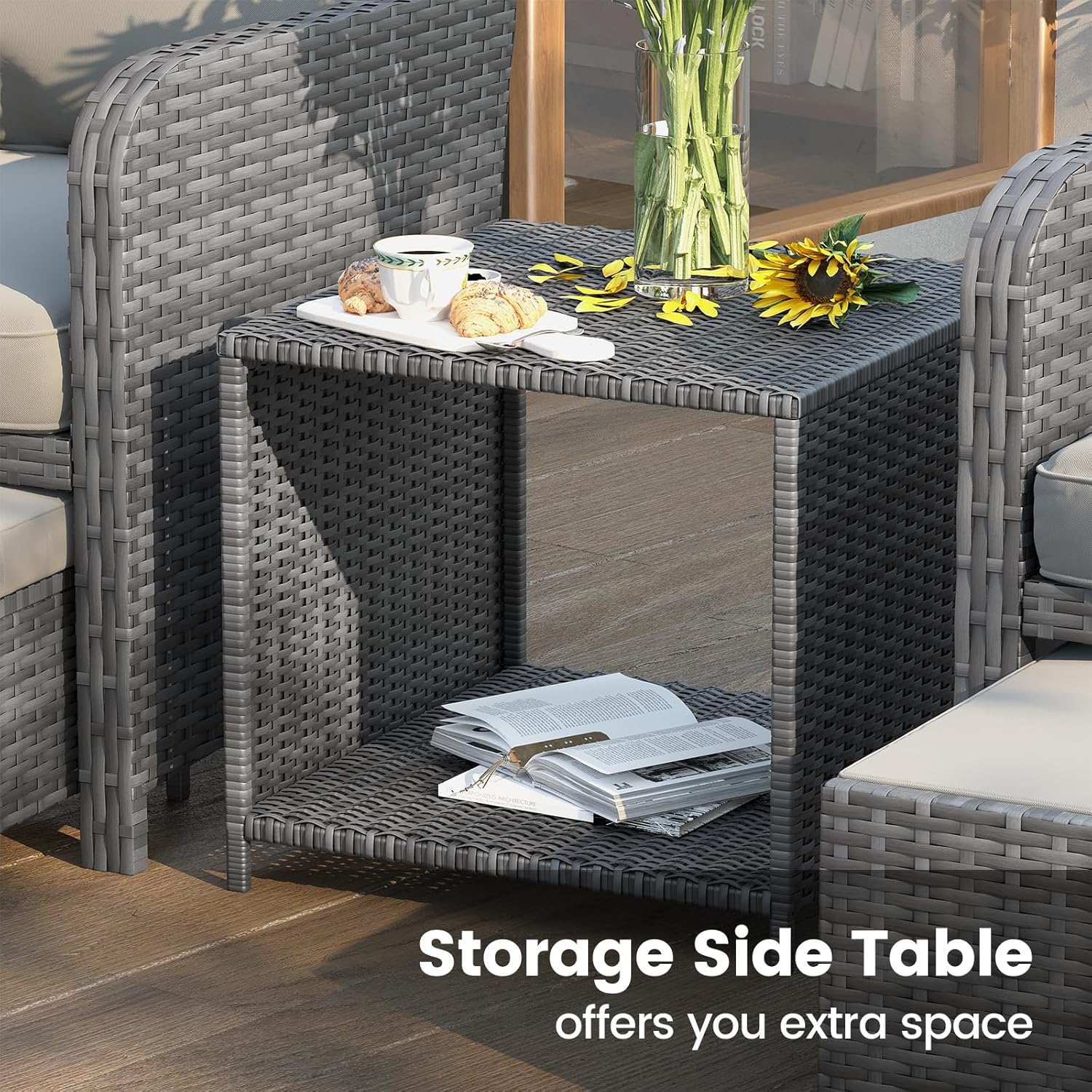 UDPATIO Patio Chairs with Hiddern Ottoman Balcony Furniture Small Space, Wicker Outdoor Patio Furniture with Side Table for Deck, Porch
