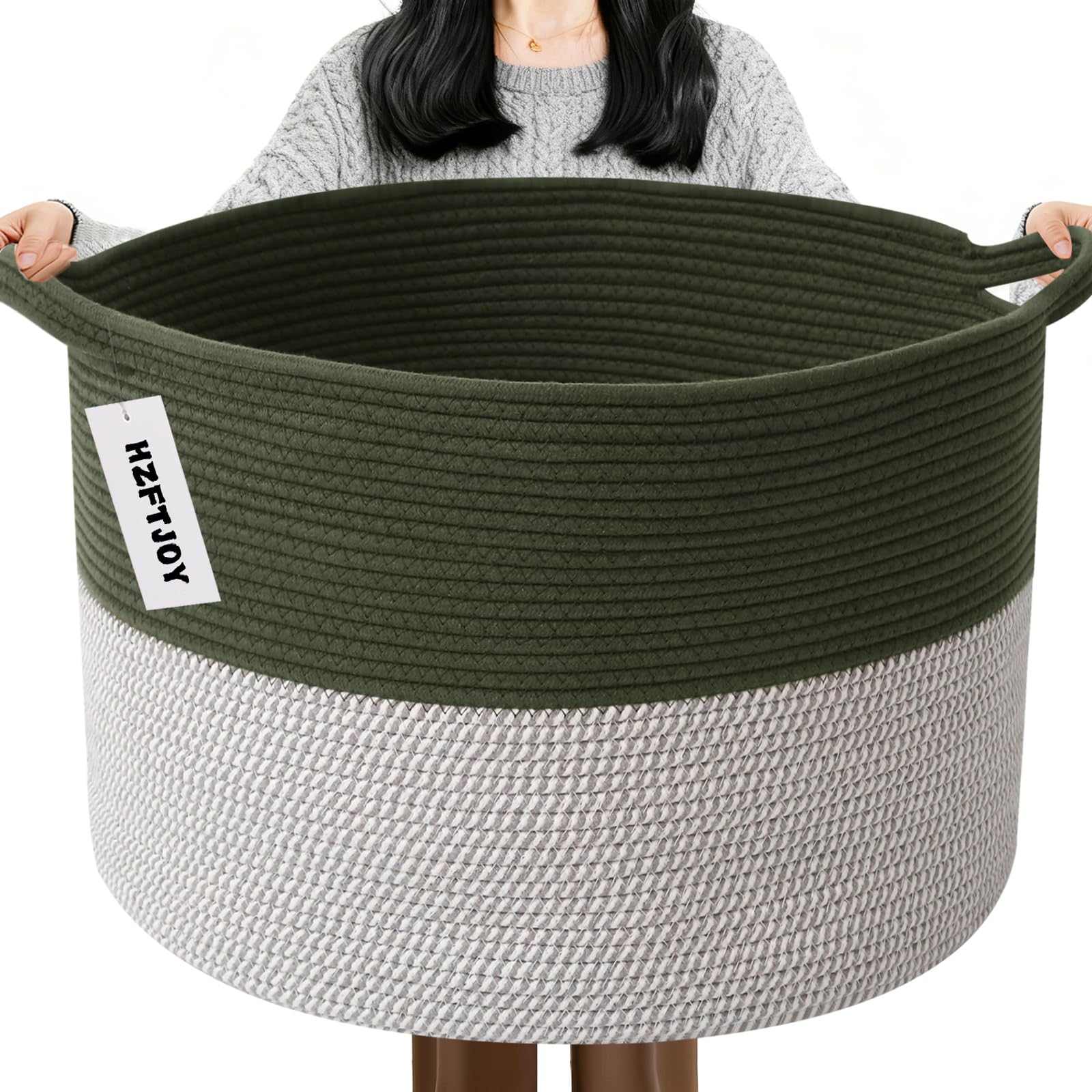 Photo 1 of HZFTJOY 65L Woven Rope Blanket Basket - Green & White