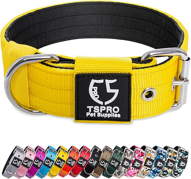 TSPRO Taktyczna obroża dla psa o szerokości 3,8 cm, wojskowa, mocna obroża dla psa, gruba obroża dla psa, wytrzymała metalowa klamra, żółto-L