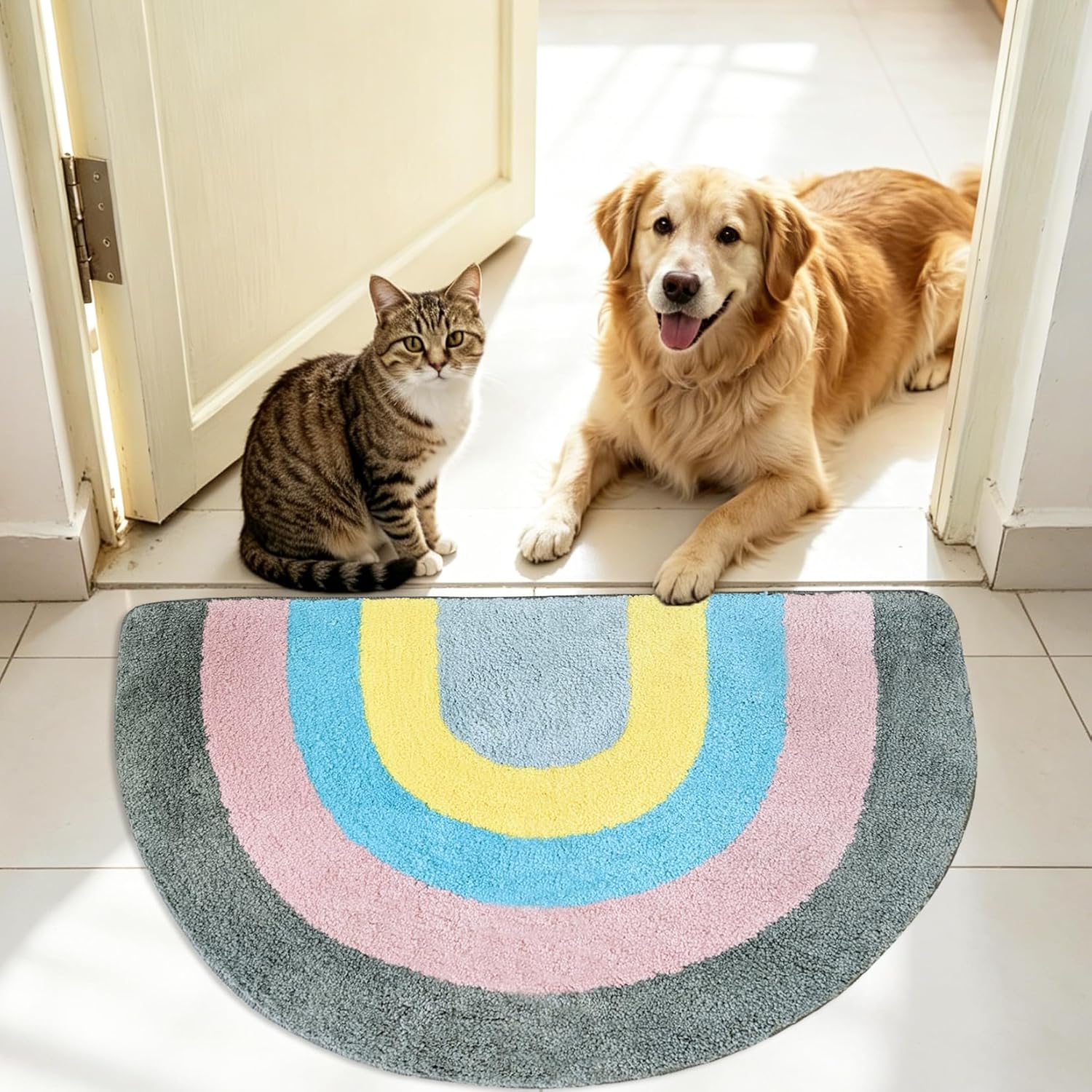 Rainbow Bath Mat, 2x3Ft Half Circle Bathroom Rug Doormat, Soft Fluffy, Water Absorbent Quick Dry, Colorful, Plush, Shaggy, Half Round, Kids Room Kitchen Entrance Decor, Grey Edge