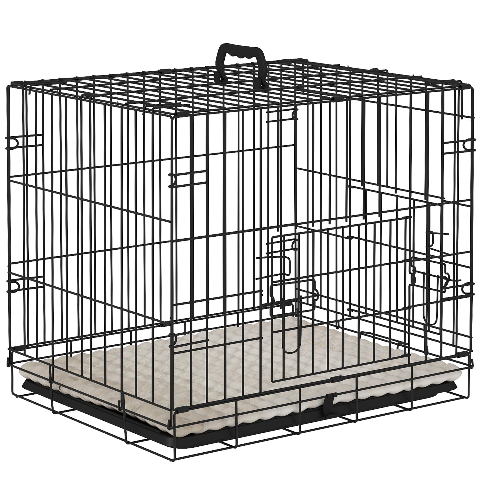 PawHut Heavy Duty Dog Crate for Extra Small Dogs, 60 x 45 x 50 cm (23.6") Folding Metal Puppy Cage with Two Doors, Removable Easy Clean Tray, Soft Cushion, Carry Handle, for Puppies, Black