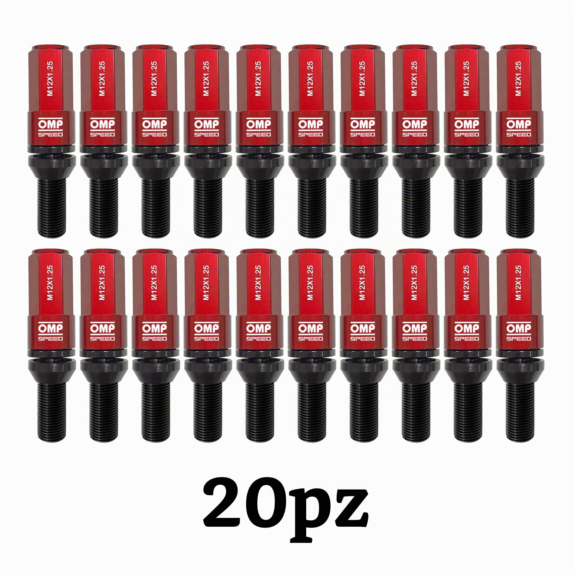 OMP SPEED Set 20 Bulloni Ruota Neri con M12X1.25 Metrico 17-19 Filettato Lungo 28MM con Protezione in Alluminio Rosso 7075 + DIN 12.9