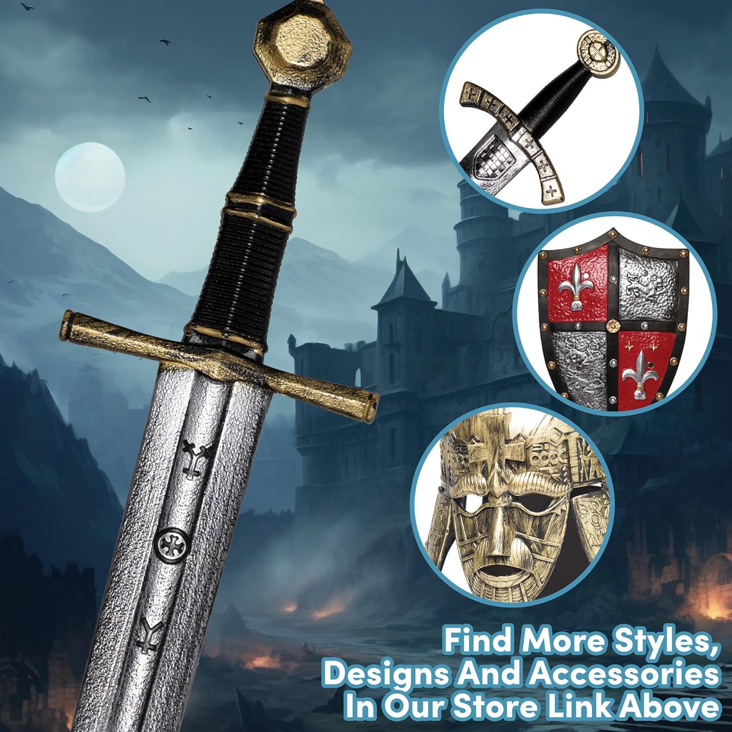 UNDERWRAPS Stamped Foam Sword Long - Medieval Swords for Kids, Renaissance Cosplay Weapons, Knight Costume Accessories, Prop Foam Swords for Play Fighting